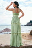 Green Bohemian V-Neck Tiered Chiffon Bridesmaid Dress