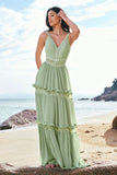 Green Bohemian A-Line Tiered Chiffon Bridesmaid Dress