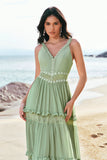 Green Bohemian A-Line Tiered Chiffon Bridesmaid Dress