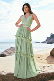 Green Bohemian A-Line Tiered Chiffon Bridesmaid Dress