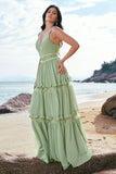 Green Bohemian A-Line Tiered Chiffon Bridesmaid Dress