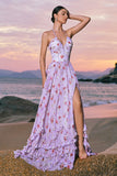 Grey Purple Halter Floral Ruffled A-Line Bridesmaid Dress with Slit