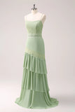 Green Bohemian Mermaid Tiered Chiffon Bridesmaid Dress