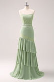 Green Bohemian Mermaid Tiered Chiffon Bridesmaid Dress