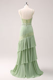 Green Bohemian Mermaid Tiered Chiffon Bridesmaid Dress