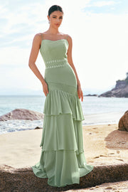 Green Spaghetti Straps Bohemian Mermaid Tiered Bridesmaid Dress