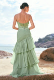 Green Bohemian Mermaid Tiered Chiffon Bridesmaid Dress