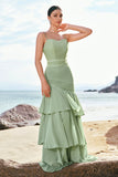 Green Spaghetti Straps Bohemian Mermaid Tiered Bridesmaid Dress