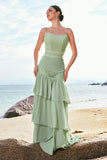 Green Spaghetti Straps Bohemian Mermaid Tiered Bridesmaid Dress