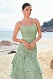 Green Spaghetti Straps Bohemian Mermaid Tiered Bridesmaid Dress