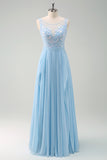 Sky Blue Illusion Neck Applique Chiffon Bridesmaid Dress