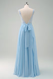 Sky Blue Illusion Neck Applique Chiffon Bridesmaid Dress