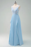 Sky Blue Illusion Neck Applique Chiffon Bridesmaid Dress