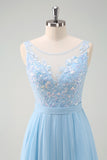 Sky Blue Illusion Neck Applique Chiffon Bridesmaid Dress