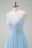 Sky Blue Illusion Neck Applique Chiffon Bridesmaid Dress