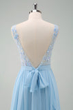 Sky Blue Illusion Neck Applique Chiffon Bridesmaid Dress