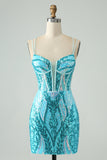 Spaghetti Straps Corset Blue Sequins Mini Prom Dress