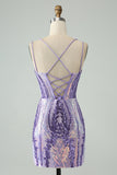 Spaghetti Straps Corset Dark Purple Sequins Bodycon Mini Prom Dress