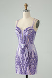 Spaghetti Straps Corset Dark Purple Sequins Bodycon Mini Prom Dress