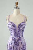 Spaghetti Straps Corset Dark Purple Sequins Bodycon Mini Prom Dress