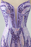 Spaghetti Straps Corset Dark Purple Sequins Bodycon Mini Prom Dress