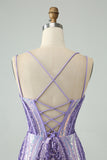 Spaghetti Straps Corset Dark Purple Sequins Bodycon Mini Prom Dress