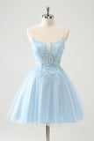 Cute Glitter A Line Beaded Corset Tulle Blue Prom Dress with Appliques