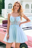 Cute Glitter A Line Beaded Corset Tulle Blue Prom Dress with Appliques