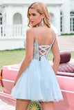 Cute Glitter A Line Beaded Corset Tulle Blue Prom Dress with Appliques