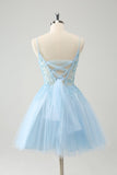 Cute Glitter A Line Beaded Corset Tulle Blue Prom Dress with Appliques