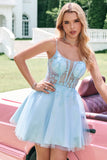 Cute Glitter A Line Beaded Corset Tulle Blue Prom Dress with Appliques