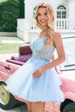 Cute Glitter A Line Beaded Corset Tulle Blue Prom Dress with Appliques