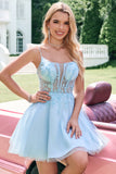 Cute Glitter A Line Beaded Corset Tulle Blue Prom Dress with Appliques