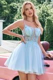 Cute Glitter A Line Beaded Corset Tulle Blue Prom Dress with Appliques