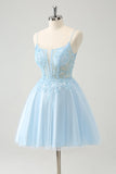 Cute Glitter Blue A Line Beaded Corset Tulle Prom Dress with Appliques