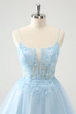 Cute Glitter Blue A Line Beaded Corset Tulle Prom Dress with Appliques