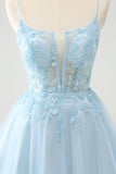 Cute Glitter Blue A Line Beaded Corset Tulle Prom Dress with Appliques