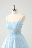 Cute Glitter Blue A Line Beaded Corset Tulle Prom Dress with Appliques