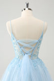 Cute Glitter Blue A Line Beaded Corset Tulle Prom Dress with Appliques