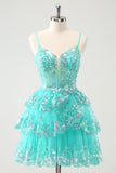 Sparkly Green A Line Spaghetti Straps Corset Tiered Sequin Prom Dress