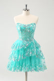 Cute Glitter Green A Line Strapless Sequined Tiered Corset Prom Dress