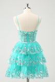 Sparkly Green A Line Spaghetti Straps Corset Tiered Sequin Prom Dress