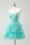 Cute Glitter Green A Line Strapless Sequined Tiered Corset Prom Dress