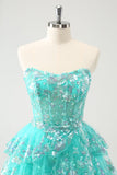 Cute Glitter Green A Line Strapless Sequined Tiered Corset Prom Dress