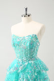 Cute Glitter Green A Line Strapless Sequined Tiered Corset Prom Dress