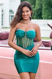 Unique Sparkly Dark Green Strapless Corset Tight Prom Dress with Beading