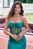 Unique Sparkly Dark Green Strapless Corset Tight Prom Dress with Beading