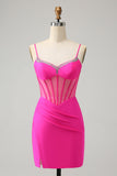 Glitter Fuchsia Beaded Tight Corset Short Prom Dress with Slit