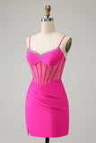 Glitter Fuchsia Beaded Tight Corset Short Prom Dress with Slit