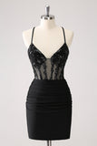 Sparkly Black Bodycon Spaghetti Corset Short Prom Dress with Lace Up Back